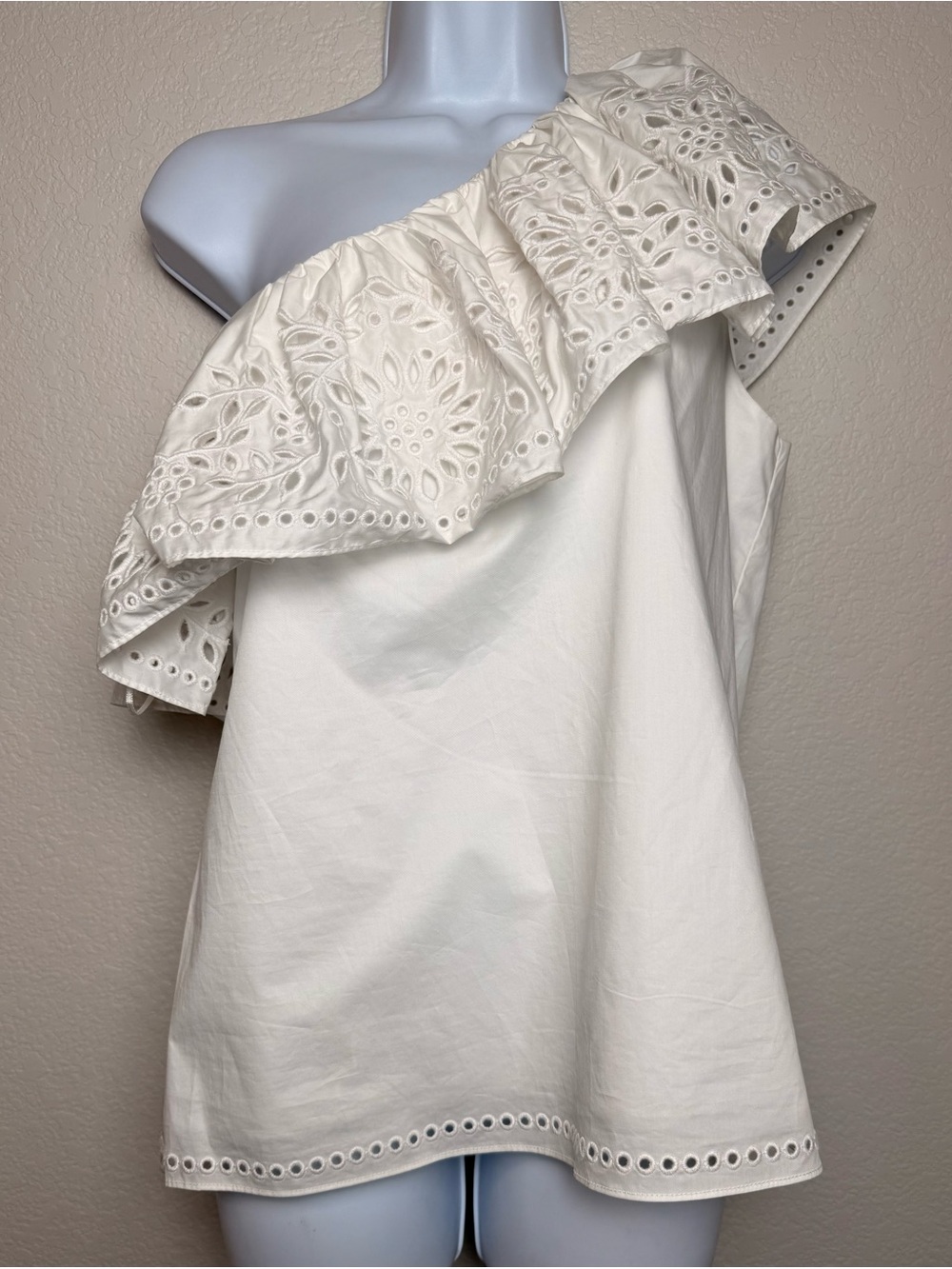 PARKER White Ruffle Eyelet One Shoulder Blouse SMALL White Lined Sleeveless NWT